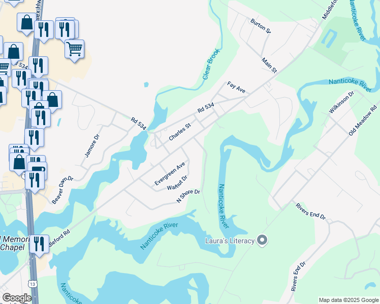 map of restaurants, bars, coffee shops, grocery stores, and more near 9816 Walnut Drive in Seaford