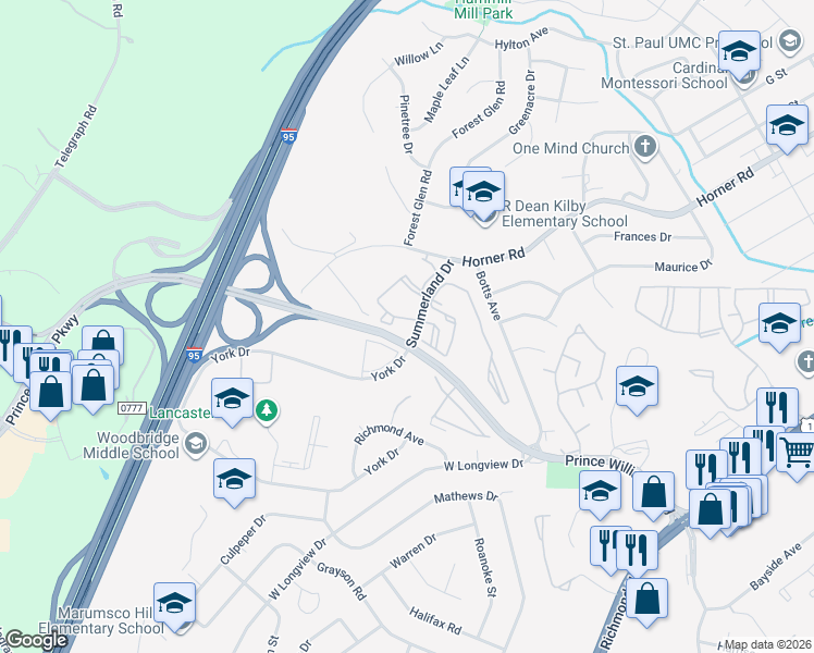 map of restaurants, bars, coffee shops, grocery stores, and more near 1066 Gardenview Loop in Woodbridge