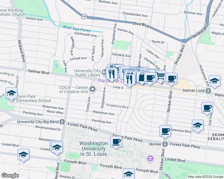 map of restaurants, bars, coffee shops, grocery stores, and more near 6665 Washington Avenue in University City