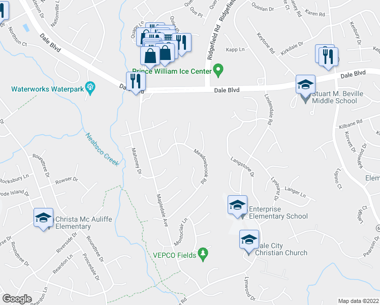 map of restaurants, bars, coffee shops, grocery stores, and more near 13780 Meadowbrook Road in Woodbridge