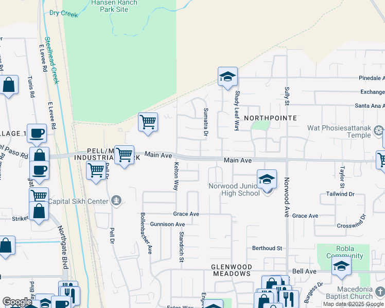 map of restaurants, bars, coffee shops, grocery stores, and more near 9 Bluegate Court in Sacramento