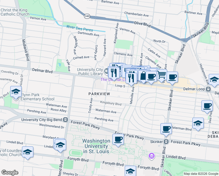 map of restaurants, bars, coffee shops, grocery stores, and more near 6677 Washington Avenue in St. Louis