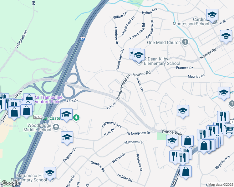 map of restaurants, bars, coffee shops, grocery stores, and more near 1066 Gardenview Loop in Woodbridge