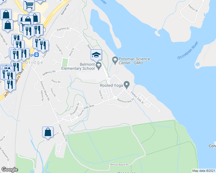 map of restaurants, bars, coffee shops, grocery stores, and more near 713 Belmont Bay Drive in Woodbridge