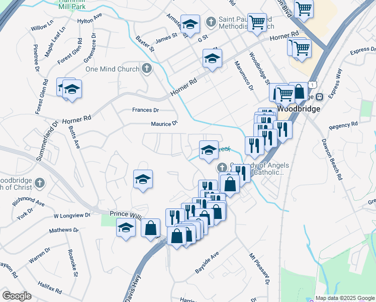 map of restaurants, bars, coffee shops, grocery stores, and more near 1398 Eisenhower Circle in Woodbridge