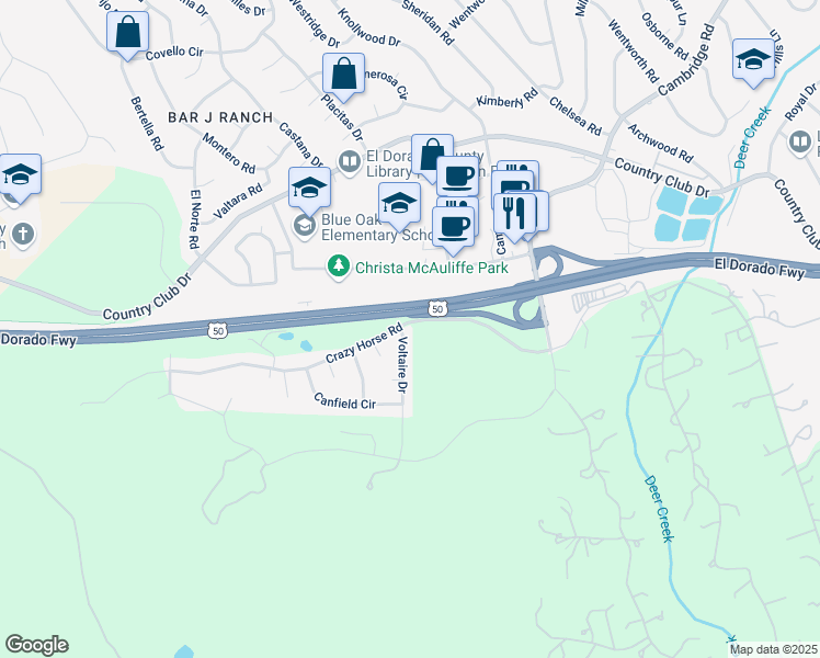 map of restaurants, bars, coffee shops, grocery stores, and more near 4411 Voltaire Drive in Shingle Springs