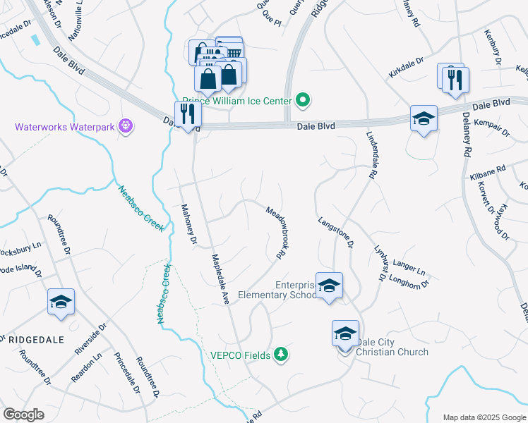 map of restaurants, bars, coffee shops, grocery stores, and more near 13780 Meadowbrook Road in Woodbridge