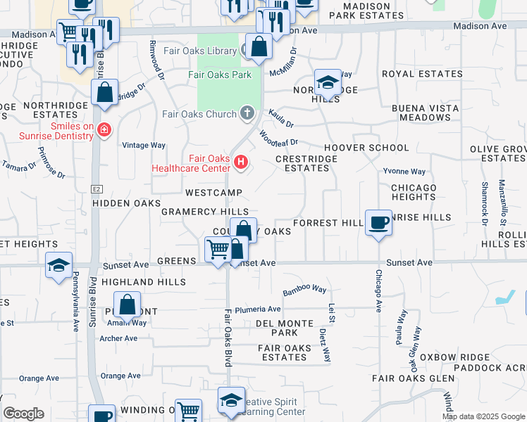 map of restaurants, bars, coffee shops, grocery stores, and more near 4841 Tommar Drive in Fair Oaks