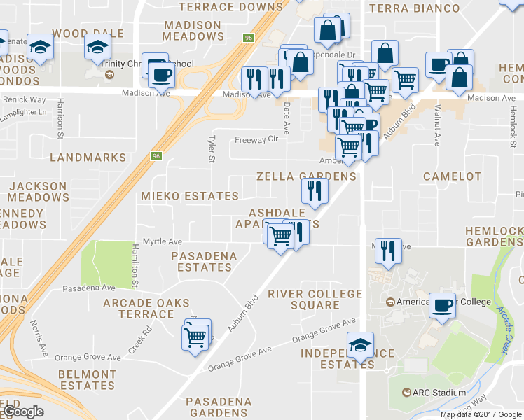 map of restaurants, bars, coffee shops, grocery stores, and more near 4612 Ashdale Court in Sacramento