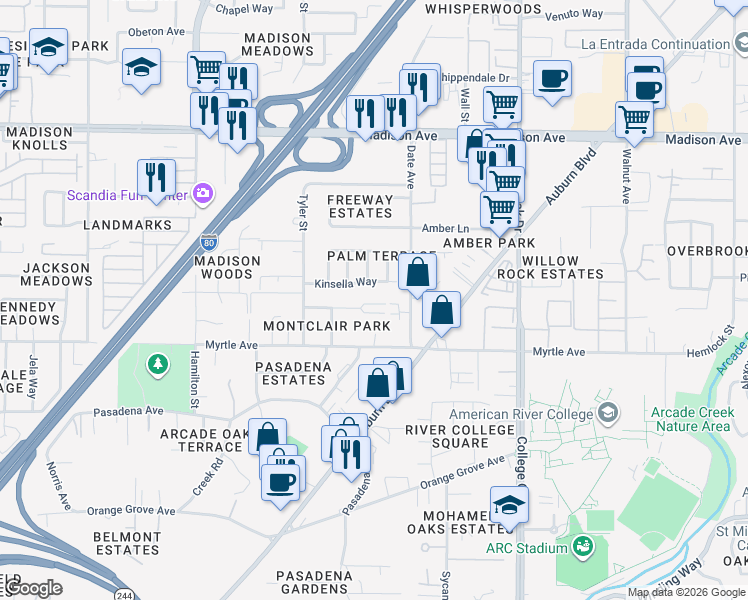 map of restaurants, bars, coffee shops, grocery stores, and more near 4532 Ashcroft Avenue in Sacramento