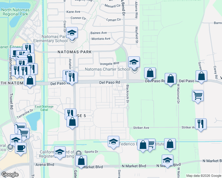 map of restaurants, bars, coffee shops, grocery stores, and more near 1675 Scarlet Ash Avenue in Sacramento