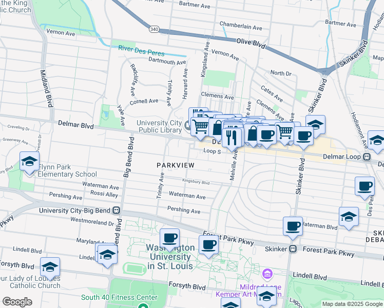 map of restaurants, bars, coffee shops, grocery stores, and more near 6672 Washington Avenue in University City