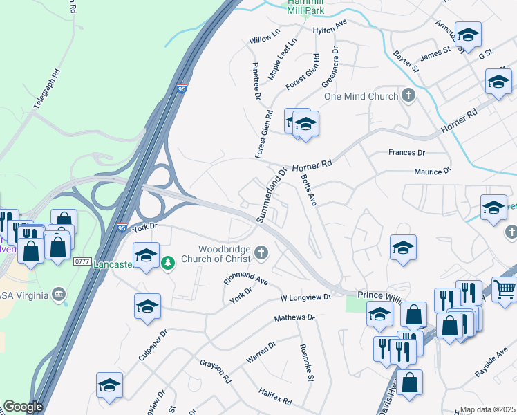 map of restaurants, bars, coffee shops, grocery stores, and more near 1066 Gardenview Loop in Woodbridge