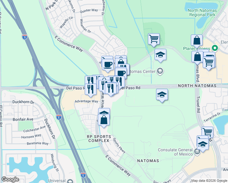 map of restaurants, bars, coffee shops, grocery stores, and more near 2800 Del Paso Road in Sacramento