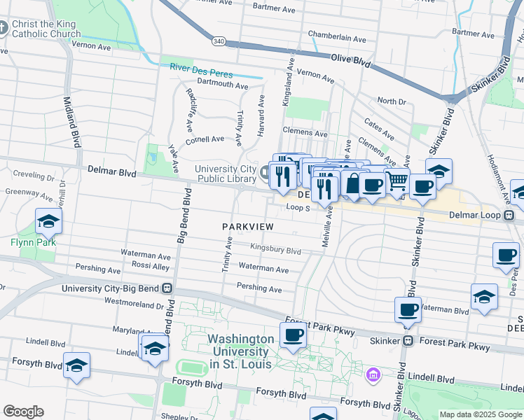 map of restaurants, bars, coffee shops, grocery stores, and more near 6805 Washington Avenue in University City