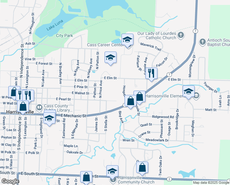 map of restaurants, bars, coffee shops, grocery stores, and more near 1700 East Mechanic Street in Harrisonville