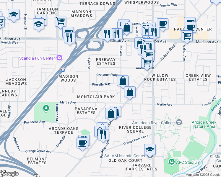 map of restaurants, bars, coffee shops, grocery stores, and more near 4612 Ashdale Court in Sacramento