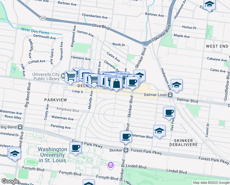 map of restaurants, bars, coffee shops, grocery stores, and more near 6249 Washington Boulevard in St. Louis