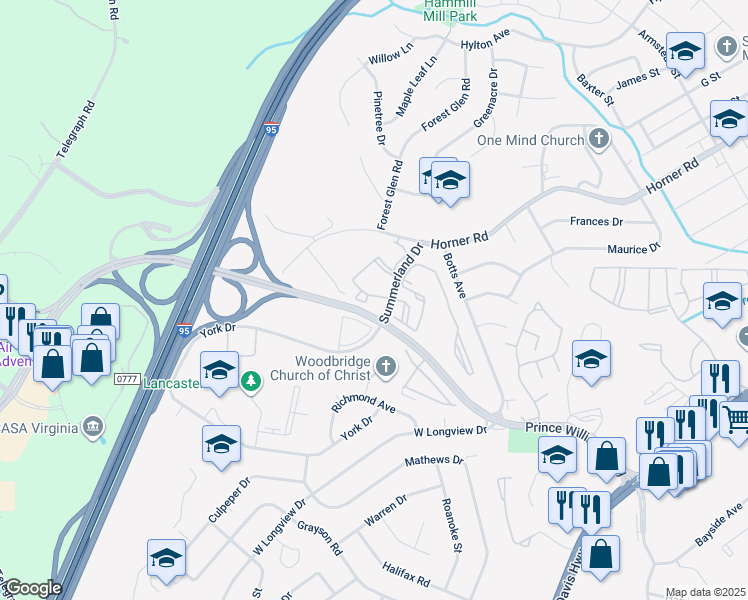 map of restaurants, bars, coffee shops, grocery stores, and more near 1060 Gardenview Loop in Woodbridge