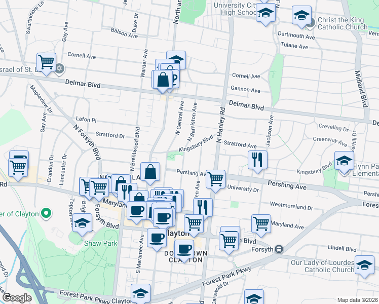 map of restaurants, bars, coffee shops, grocery stores, and more near 7750 Kingsbury Boulevard in Clayton