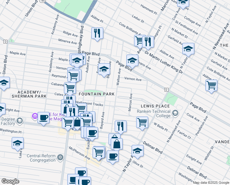 map of restaurants, bars, coffee shops, grocery stores, and more near 4803 Fountain Avenue in St. Louis