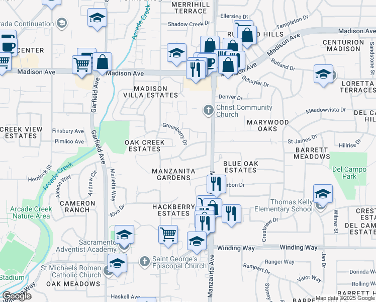 map of restaurants, bars, coffee shops, grocery stores, and more near 5748 Muldrow Road in Sacramento