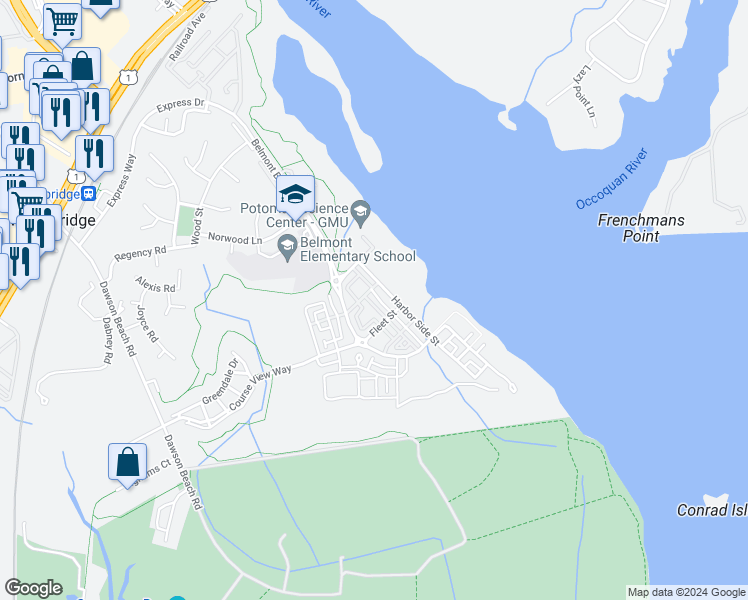 map of restaurants, bars, coffee shops, grocery stores, and more near 810 Monument Avenue in Woodbridge