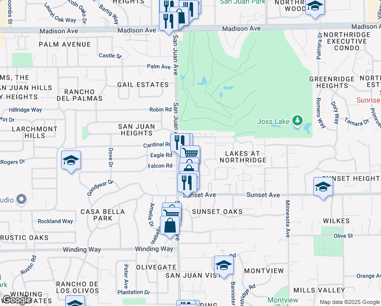 map of restaurants, bars, coffee shops, grocery stores, and more near 4880 San Juan Avenue in Fair Oaks