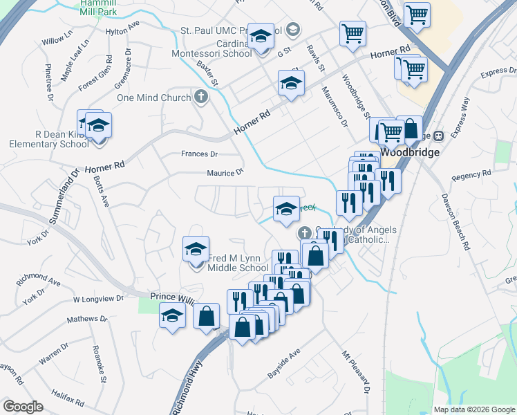 map of restaurants, bars, coffee shops, grocery stores, and more near 1400 Eisenhower Circle in Woodbridge