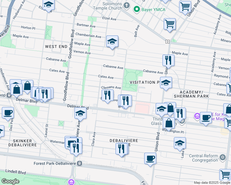 map of restaurants, bars, coffee shops, grocery stores, and more near 751 Belt Avenue in St. Louis