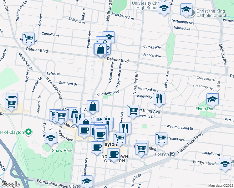 map of restaurants, bars, coffee shops, grocery stores, and more near 220 North Bemiston Avenue in Clayton