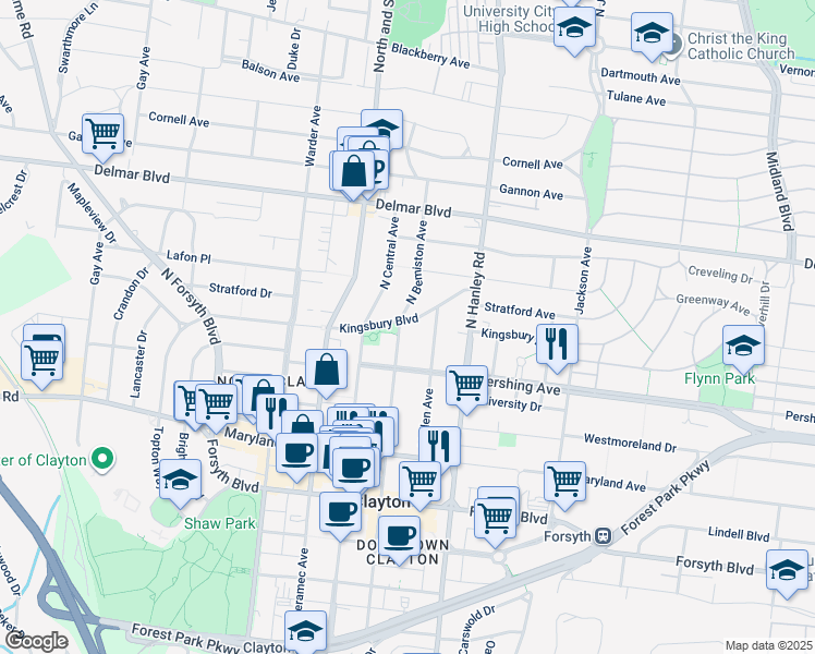 map of restaurants, bars, coffee shops, grocery stores, and more near 220 North Bemiston Avenue in Clayton