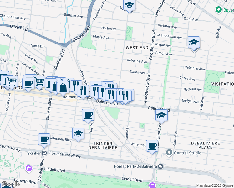 map of restaurants, bars, coffee shops, grocery stores, and more near 5904 Enright Avenue in St. Louis