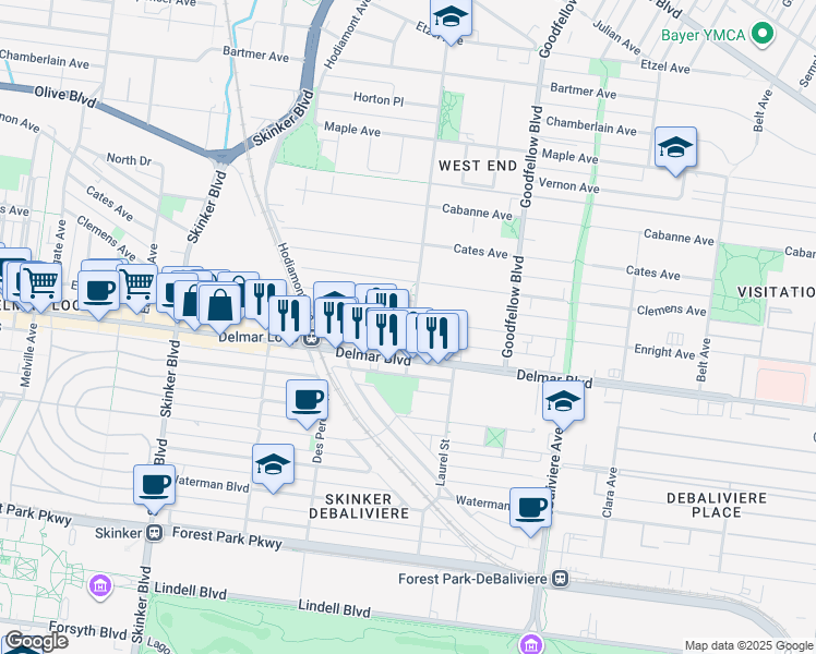 map of restaurants, bars, coffee shops, grocery stores, and more near 5904 Enright Avenue in St. Louis