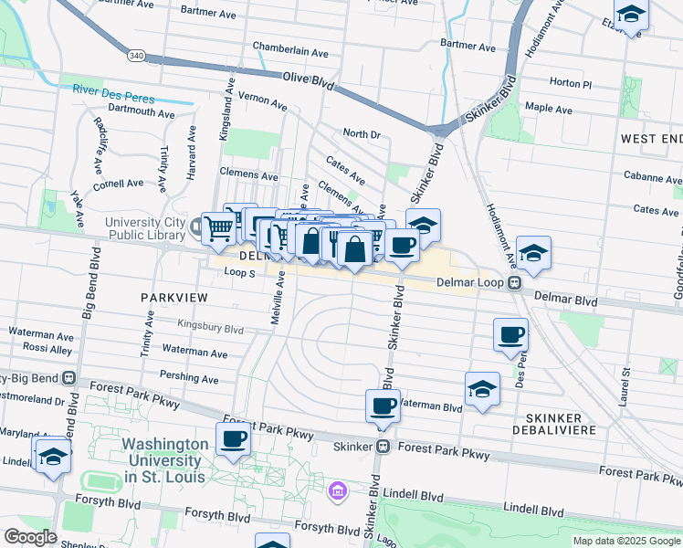 map of restaurants, bars, coffee shops, grocery stores, and more near 6317 Washington Avenue in University City