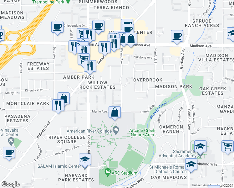 map of restaurants, bars, coffee shops, grocery stores, and more near 4971 Walnut Avenue in Sacramento