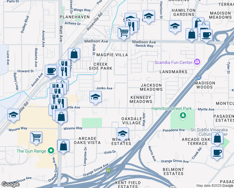 map of restaurants, bars, coffee shops, grocery stores, and more near 4944 Jolana Lane in North Highlands