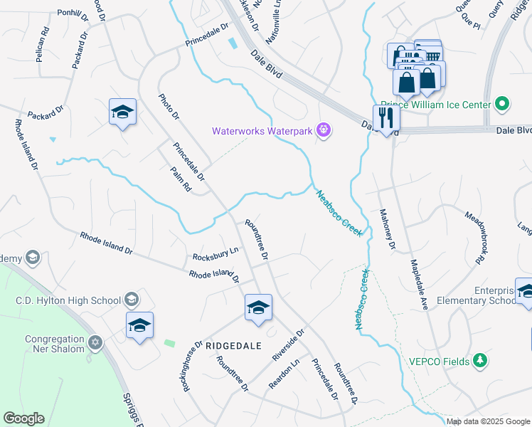 map of restaurants, bars, coffee shops, grocery stores, and more near 13765 Raywood Court in Woodbridge