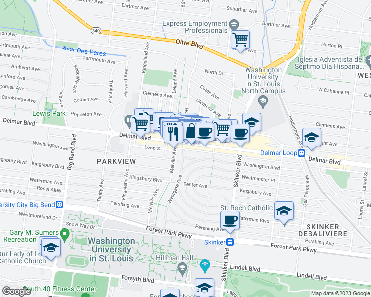 map of restaurants, bars, coffee shops, grocery stores, and more near 6361 Washington Avenue in University City