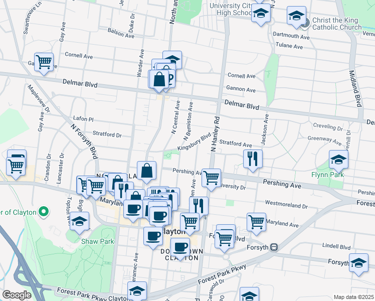 map of restaurants, bars, coffee shops, grocery stores, and more near 220 North Bemiston Avenue in Clayton