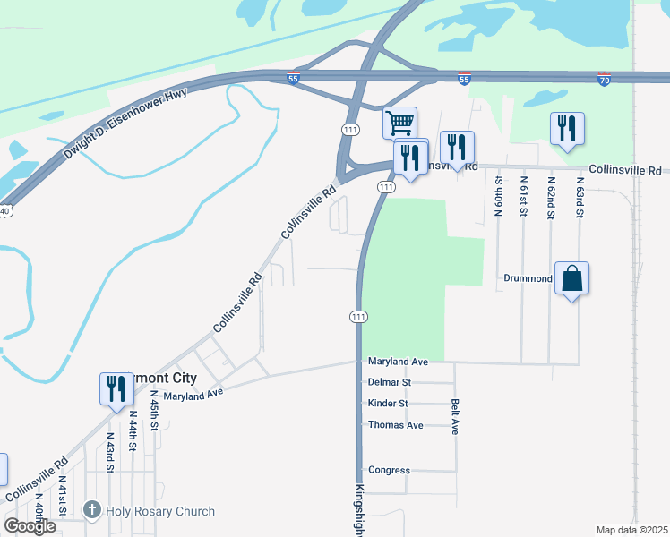 map of restaurants, bars, coffee shops, grocery stores, and more near 2995 Kingshighway in East St. Louis
