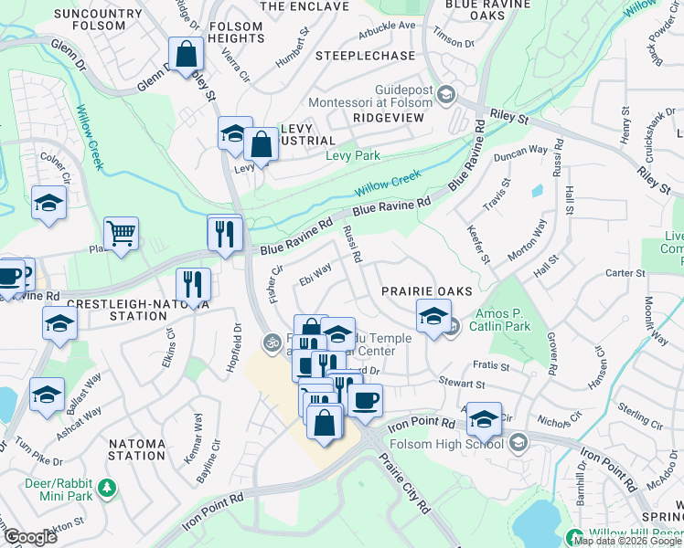 map of restaurants, bars, coffee shops, grocery stores, and more near 677 Fisher Circle in Folsom