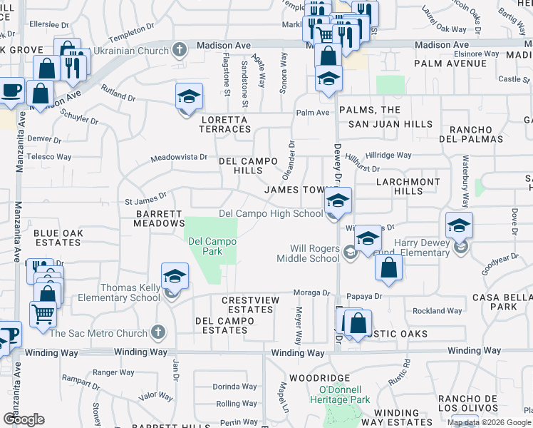 map of restaurants, bars, coffee shops, grocery stores, and more near 4952 Oleander Drive in Carmichael