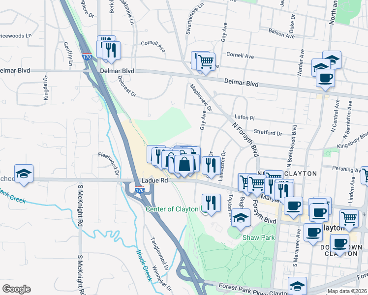 map of restaurants, bars, coffee shops, grocery stores, and more near 8522 Colonial Lane in St. Louis