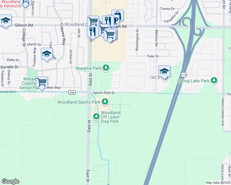 map of restaurants, bars, coffee shops, grocery stores, and more near Sports Park Drive in Woodland