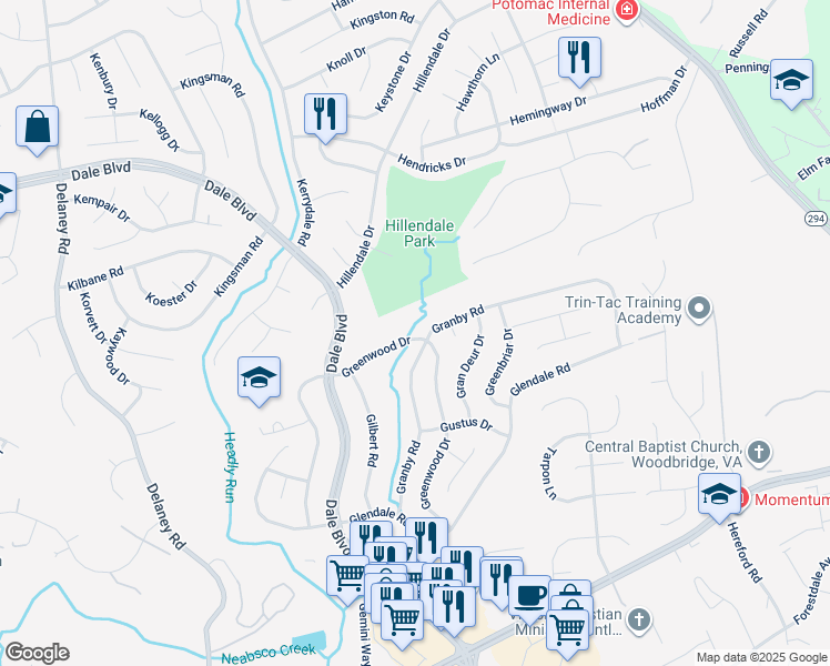 map of restaurants, bars, coffee shops, grocery stores, and more near 13697 Greenwood Drive in Woodbridge