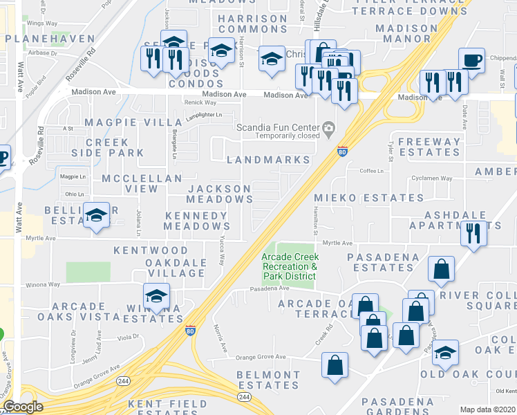 map of restaurants, bars, coffee shops, grocery stores, and more near 4126 Chesapeake Lane in North Highlands