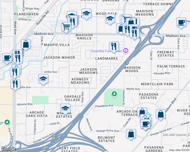 map of restaurants, bars, coffee shops, grocery stores, and more near 4926 Yucca Way in North Highlands
