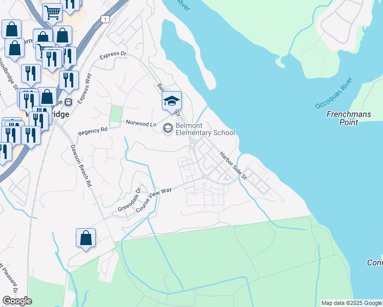 map of restaurants, bars, coffee shops, grocery stores, and more near 721 Belmont Bay Drive in Woodbridge