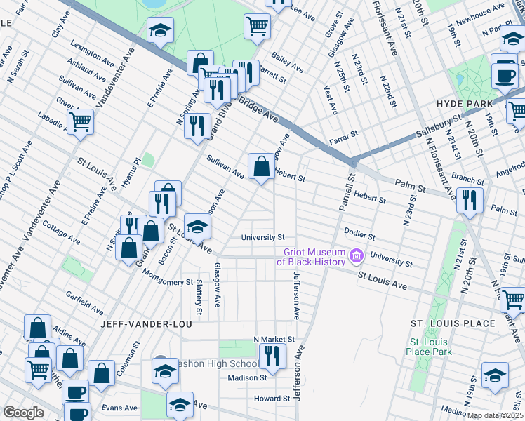 map of restaurants, bars, coffee shops, grocery stores, and more near 2700 Dodier Street in St. Louis